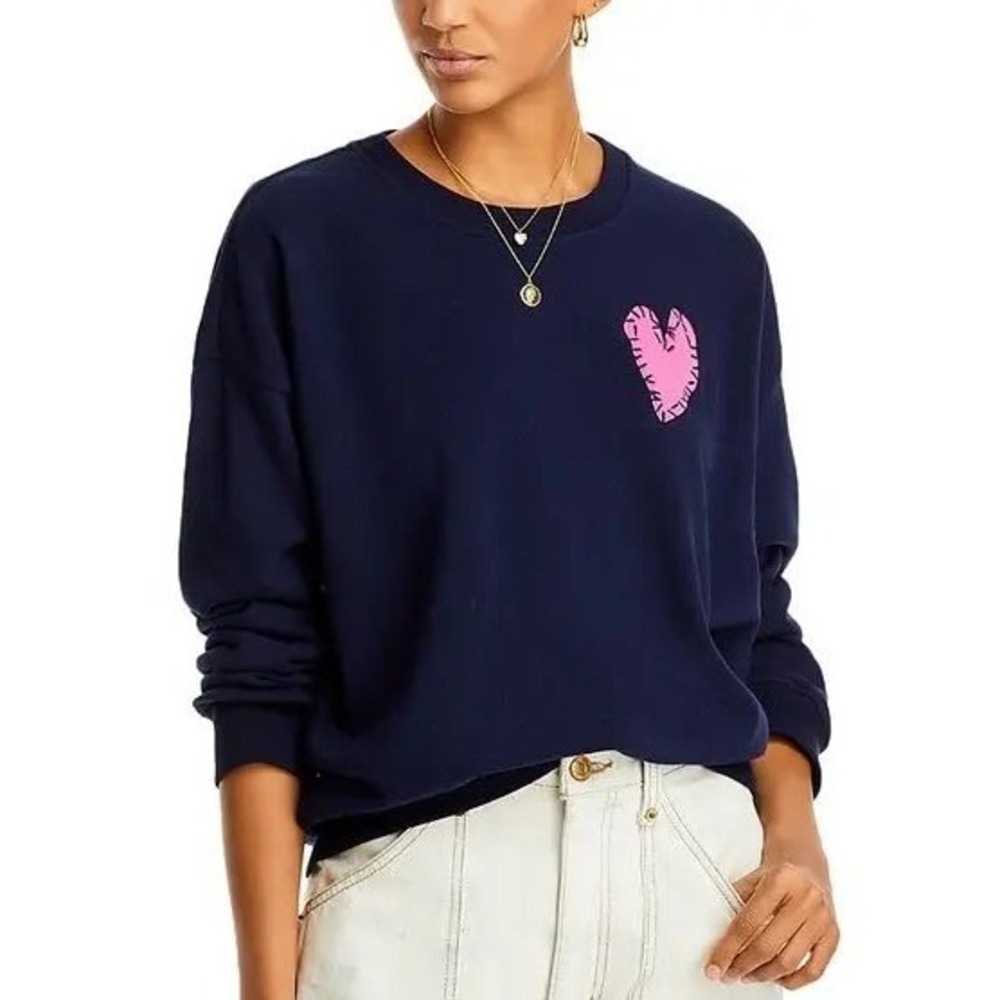 Kerri Rosenthal x Aqua Sweatshirt Heart Patch Pullover Navy Blue Fleece Medium